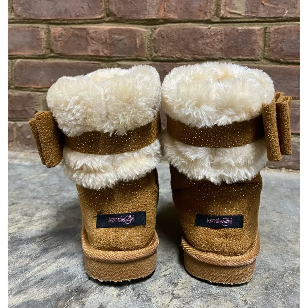 Kenzie Girl Tan w/Glitter Faux Fur Faux Suede Slip-On Bootie Size 1